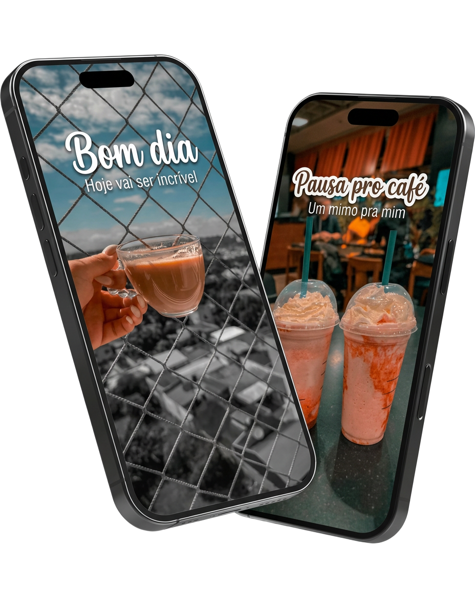 Celular exibindo uma foto de Story decorada com figurinhas de fundo transparente